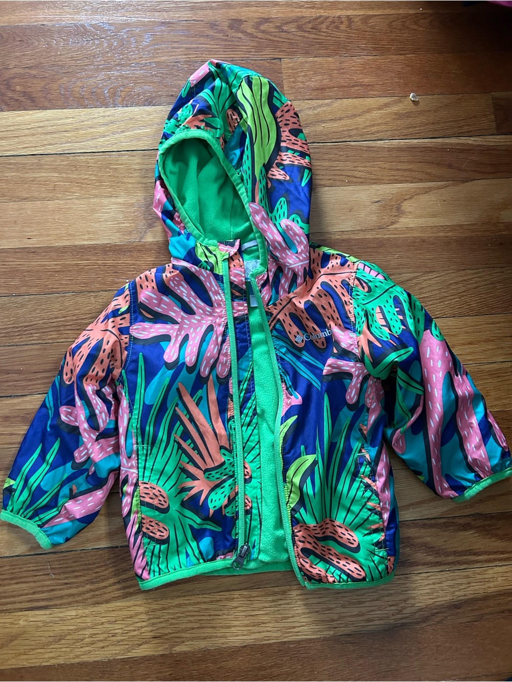 ColumbiabColorful Tropical Print Hooded Windbreaker - Green Trim